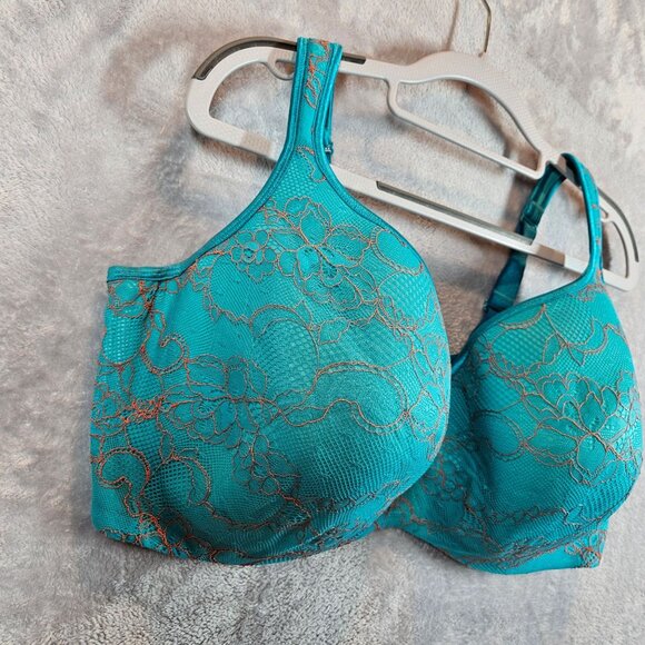 Cacique 44G Turquoise Lace Full Coverage Underwire Bra teal gold  accent wires - Picture 2 of 12